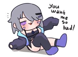 1girl arrivedcold black_jacket black_shirt black_thighhighs chibi chibi_only english_text grey_hair highres hololive hololive_english jacket koseki_bijou koseki_bijou_(casual) official_alternate_costume official_alternate_hairstyle purple_eyes shirt single_thighhigh solo thighhighs virtual_youtuber