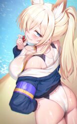 Rule 34 | 1girl, absurdres, animal ears, armband, ass, blue archive, blue halo, breasts, competition swimsuit, dog ears, extra ears, hair over one eye, halo, hands on own hips, highres, holding, holding whistle, kanna (blue archive), kanna (swimsuit) (blue archive), large breasts, notched ear, official alternate costume, one-piece swimsuit, purple armband, sharp teeth, sseli, swimsuit, teeth, whistle, whistle around neck, white one-piece swimsuit