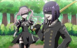2b_(nier:automata) 2b_(nier:automata)_(cosplay) 9s_(nier:automata) 9s_(nier:automata)_(cosplay) black_bow black_dress blindfold bow brother_and_sister cosplay dress grass hair_bow highres holding holding_sword holding_weapon long_hair nier:automata nier_(series) outdoors pink_hair purple_hair siblings sword the_hundred_line_-last_defense_academy- tree tsukumo_ima tsukumo_kako twins twintails weapon