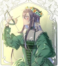 1girl absurdres black_eyes black_hair flower formal_clothes hair_between_eyes hair_flower hair_ornament highres holding holding_sword holding_weapon kuzuru_(zuru_chan06) long_hair long_sleeves mole mole_under_eye multicolored_hair original ribbon simple_background sword two-tone_hair weapon