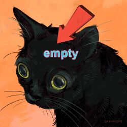 Rule 34 | absurdres, animal, animal focus, arrow (symbol), artist name, black cat, cat, catwheezie, commentary, derivative work, english commentary, english text, highres, jinx (cat), meme, no humans, no thoughts head empty (meme), orange background, painterly, photo-referenced, portrait, real life, signature, simple background, whiskers, wide-eyed, yellow eyes