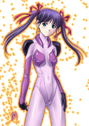 00s 1girl aqua_eyes blush bodysuit character_request female_focus gunparade_orchestra hair_ribbon latex long_hair mcq navel purple_bodysuit purple_hair ribbon skin_tight solo twintails uniform