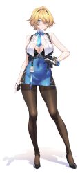 1girl black_gloves black_pantyhose black_shoes blonde_hair blue_eyes blue_necktie blue_skirt breasts commentary_request covered_navel full_body girls&#039;_frontline gloves half_gloves hand_on_own_hip high_heels highres holding knees large_breasts looking_at_viewer mole mole_under_eye necktie pantyhose pencil_skirt shirokuma_a shoes short_hair simple_background skirt solo standing vsk-94_(girls&#039;_frontline) weapon white_background