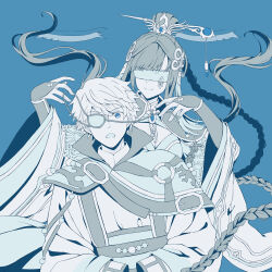 Rule 34 | 1boy, 1girl, :o, bird hair ornament, blindfold, blue background, blue eyes, braid, china dress, chinese clothes, cleavage cutout, closed eyes, closed mouth, clothing cutout, covered eyes, cropped torso, dress, eyepatch, fingerless gloves, gloves, hair bun, hair ornament, highres, holding eyepatch, juan can yun, limited palette, long hair, looking at another, looking at viewer, mu tian ming, o-ring, popped collar, short hair, smile, thunderbolt fantasy, upper body, very long hair, yuinbu
