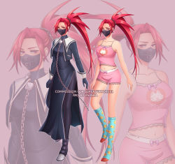 Rule 34 | 1girl, animal print, annoyed, armpits, arms at sides, artist name, artist request, black bodysuit, black footwear, black gloves, black mask, blush, bodysuit, boots, bow, bow camisole, bow panties, boyshort panties, breasts, camisole, capcom, cat print, chain, character name, reference sheet, collarbone, commission, delinquent, embarrassed, eyelashes, female focus, full body, gloves, heart, heart print, high ponytail, highres, himezaki aoi, justice gakuen, kneehighs, legs, long hair, mask, medium breasts, midriff, moero! justice gakuen, multiple views, name tag, navel, neck, panties, parted bangs, pink background, pink boyshorts, pink camisole, ponytail, print socks, red hair, ribbon camisole, bow panties, sailor collar, shiritsu justice gakuen, sidelocks, simple background, skin tight, socks, spiked hair, standing, tag, thighs, underwear, underwear only, unworn clothes, very long hair