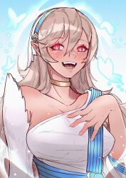 1girl absurdres ailheim blush breasts commentary dress english_commentary fangs female_corrin_(adrift)_(fire_emblem) female_corrin_(fire_emblem) fingernails fire_emblem fire_emblem_fates fire_emblem_heroes grey_hair hair_between_eyes hand_on_own_chest highres looking_at_viewer medium_breasts nintendo official_alternate_costume open_mouth pointy_ears red_eyes smile solo twitter_username veil white_dress