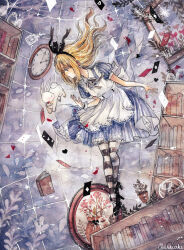 1girl absurdres ace_(playing_card) ace_of_clubs ace_of_hearts alice_(alice_in_wonderland) alice_in_wonderland analog_clock apron ascot bare_arms black_bow black_bowtie black_hairband black_pantyhose black_shoes black_wrist_cuffs blonde_hair blue_background blue_dress blue_eyes book bookshelf bow bow_hairband bowtie card cherriuki clock club_(shape) collared_dress commentary dress earrings english_commentary expressionless falling fern floating_card floating_clothes floating_hair frilled_wrist_cuffs frills full_body hairband heart heart_earrings high_heels highres jewelry lace lace-trimmed_apron lace-trimmed_dress lace_trim long_hair painting_(medium) painting_(object) pantyhose parted_lips plant playing_card pleated_dress pointy_nose potted_plant puffy_short_sleeves puffy_sleeves pumps rabbit shoes short_dress short_sleeves single_wrist_cuff sleeve_bow solo striped_clothes striped_dress striped_pantyhose traditional_media two-tone_pantyhose vertical-striped_clothes vertical-striped_dress watercolor_(medium) white_apron white_ascot white_pantyhose white_rabbit_(alice_in_wonderland) wrist_cuffs