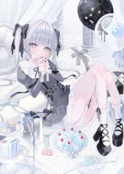 1girl balloon belt bibi-chan_(x_127x) black_belt black_nails black_ribbon black_shoes blue_eyes blue_hair box cake closed_mouth commentary commission cupcake curtains dress english_commentary fingernails food fork frilled_dress frills gift gift_box grey_dress hair_ribbon halo high_heels highres jacket jewelry knife letterman_jacket long_hair long_sleeves looking_at_viewer nail_polish original own_hands_clasped own_hands_together pillow puffy_sleeves ribbon ring shoes socks twintails white_hair white_halo white_socks
