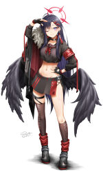 1girl ;) artist_name asymmetrical_legwear belt black_choker black_gloves black_hair black_serafuku black_shirt black_skirt black_wings blue_archive breasts chinese_commentary choker commentary_request covered_erect_nipples crop_top crop_top_overhang earrings feathered_wings fingerless_gloves full_body gloves hair_ornament hairclip halo hand_on_own_hip highres ichika_(blue_archive) jewelry long_hair low_wings midriff navel no_bra one_eye_closed red_halo royboy sailor_collar school_uniform serafuku shirt signature skirt smile solo standing stomach thigh_belt thigh_strap thighs unusually_open_eyes wings
