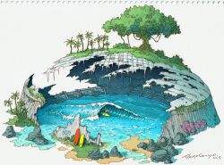 1boy 2025 abandoned blonde_hair building commentary_request dilapidated english_text graffiti highres male_focus male_swimwear original overgrown palm_tree post-apocalypse red_male_swimwear ruins sand signature solo surfboard surfing swim_trunks tokyo_dome tokyogenso topless_male traditional_media tree water waves wide_shot