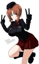 Rule 34 | 1girl, absurdres, aikir (jml5160), black boots, black gloves, black jacket, boots, breasts, brown eyes, brown hair, closed mouth, commentary request, dated, double v, dress shirt, emblem, garrison cap, girls und panzer, gloves, hands up, happy birthday, hat, highres, insignia, jacket, kuromorimine (emblem), kuromorimine military uniform, large breasts, leaning forward, leg up, long sleeves, looking at viewer, medium hair, military, military hat, military uniform, miniskirt, nishizumi miho, parted bangs, pleated skirt, red shirt, red skirt, shirt, simple background, skirt, smile, solo, v, white background