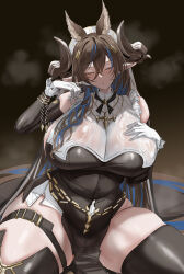 Rule 34 | 1girl, absurdres, animal ears, blush, breasts, brown hair, closed eyes, curvy, detached sleeves, extra ears, galleon (granblue fantasy), granblue fantasy, highres, horns, huge breasts, long hair, multicolored hair, parted lips, pelvic curtain, pointy ears, quanzidongziben, see-through clothes, see-through shirt, shirt, skindentation, solo, streaked hair, thick thighs, thigh strap, thighhighs, thighs, very long hair, wet, wet clothes, wet shirt