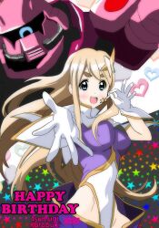 1girl alternate_costume blonde_hair blue_eyes blush breasts gloves hair_ornament happy_birthday highres k-on! kotobuki_tsumugi large_breasts long_hair mecha mi5e4rzz open_mouth robot short_eyebrows standing star_(symbol) teeth upper_teeth_only white_gloves