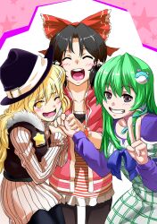 Rule 34 | adapted costume, alternate costume, black hair, black hat, black vest, blonde hair, blush, bow, casual, closed eyes, contemporary, frilled bow, frills, frog hair ornament, green hair, group picture, hair between eyes, hair ornament, hakurei reimu, hands on another&#039;s hands, hat, highres, hood, hoodie, iwa-saka, kirisame marisa, kochiya sanae, long hair, long sleeves, looking at viewer, m.u.g.e.n, multiple girls, one eye closed, open mouth, pink hoodie, red bow, smile, snake hair ornament, star (symbol), striped clothes, touhou, v, vest, yin yang hair ornament