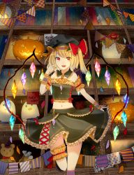 Rule 34 | 1girl, alternate costume, arm cuffs, ascot, black hat, black shirt, black skirt, blonde hair, blouse, book, bookshelf, bow, candy, collar, commentary request, confetti, cowboy shot, cross-laced clothes, crystal, detached collar, envelope, female focus, flandre scarlet, flower, food, frilled collar, frilled skirt, frilled thigh strap, frills, gem, ghost, hair bow, halloween, hand up, hat, hat bow, highres, holding, jack-o&#039;-lantern, jewelry, kneehighs, light particles, looking at viewer, midriff, mob cap, navel, open mouth, outstretched arm, pendant, pennant, red bow, red eyes, red flower, red rose, rose, sakizaki saki-p, shelf, shirt, short hair, side ponytail, skirt, skull, smile, socks, solo, standing, standing on one leg, strapless, string of flags, striped clothes, striped socks, stuffed animal, stuffed toy, teddy bear, thigh cuffs, thigh strap, touhou, tube top, vase, wings, wrist cuffs