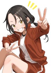 1girl black_hair clenched_teeth double_v grin highres jacket looking_at_viewer manemane_nichinichi nagisa_akane red_shorts riokasen shirt short_twintails shorts simple_background smile solo teeth track_jacket twintails v white_background white_shirt yellow_eyes
