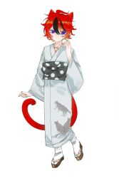 Rule 34 | 1boy, :&lt;, ahoge, alternate costume, animal ears, animal print, black bow, black hair, black sash, blue eyes, bow, brown sandals, cat boy, cat ears, cat print, cat tail, chinese commentary, closed mouth, commentary request, eyelashes, full body, grey kimono, hair between eyes, highres, japanese clothes, kemonomimi mode, kimono, long sleeves, male focus, multicolored hair, obi, peekaboozka, polka dot, polka dot bow, polka dot sash, red hair, red pupils, sandals, sash, short hair, simple background, socks, solo, streaked hair, sumino takumi, tail, the hundred line -last defense academy-, two-tone hair, white background, white kimono, white socks, wide sleeves