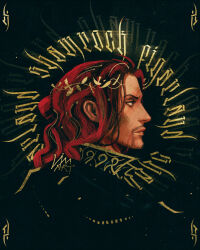 1boy absurdres artist_name beard_stubble black_background black_cape cape character_name closed_mouth english_text facial_hair figarland_shamrock high_collar highres laurel_crown long_hair male_focus mustache_stubble one_piece portrait profile red_hair stubble symbolism vimart