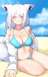 absurdres ahoge animal_ear_fluff animal_ears bare_shoulders beach bikini blue_bikini blush braid breasts cleavage closed_eyes closed_mouth cloud collarbone fox_ears fox_girl highres hololive large_breasts navel parted_lips shirakami_fubuki shirakami_fubuki_(hololive_summer_2019) side_braid sitting stomach sweat swimsuit tenpura32200 thighs virtual_youtuber white_hair yokozuwari