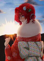 Rule 34 | 1girl, alternate costume, ange katrina, ayuko ammobium, back bow, blue eyes, blue sky, blush, bow, cloud, commentary request, egasumi, flower, from behind, fur-trimmed kimono, fur trim, grey scrunchie, hair bun, hair flower, hair intakes, hair ornament, hair scrunchie, hand up, highres, japanese clothes, kanzashi, kimono, lens flare, long sleeves, looking at viewer, looking back, multicolored bow, nijisanji, open mouth, outdoors, print kimono, red hair, red kimono, scrunchie, sky, solo, sun, sunrise, teeth, triangle hair ornament, tsumami kanzashi, turning head, unmoving pattern, upper body, upper teeth only, virtual youtuber