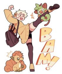 1girl absurdres arm_up backpack bag black_bag black_shorts black_thighhighs blonde_hair closed_eyes commentary commission english_commentary fang flower fourleafisland full_body gen_1_pokemon gen_8_pokemon grookey hair_flower hair_ornament highres holding holding_poke_ball kicking leg_up long_sleeves nintendo open_mouth original poke_ball pokemon pokemon_(creature) premier_ball shoes short_hair shorts simple_background standing standing_on_one_leg sweater thighhighs vulpix white_background yellow_shoes yellow_sweater