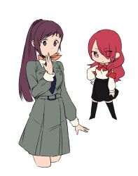 2girls black_hair breasts brown_eyes closed_mouth do_m_kaeru hair_over_one_eye kirijou_mitsuru kirishima_eriko long_hair looking_at_viewer multiple_girls necktie persona persona_1 persona_3 ponytail red_eyes red_hair school_uniform simple_background skirt st._hermelin_school_uniform white_background