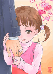 1boy 1girl age_difference brown_hair child couple cousins doujima_nanako hand_size_difference heart hetero highres incest jewelry narukami_yu open_mouth persona qoo1234 ring spoken_heart wedding_ring