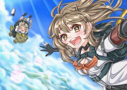 &gt;_&lt; +_+ 2girls :d absurdres backpack bag beret black_boots blue_sky boots breasts brown_eyes brown_hair cleavage closed_eyes cloud commentary day english_commentary floating_hair girls&#039;_frontline girls&#039;_frontline_2:_exilium grey_skirt guin_guin hat highres hugging_object k2_(girls&#039;_frontline) long_hair medium_breasts mountain multiple_girls open_mouth outdoors plaid_clothes plaid_skirt pleated_skirt shirt shoe_soles skirt sky skydive smile unworn_hat unworn_headwear vepley_(girls&#039;_frontline_2) very_long_hair white_hat white_shirt xd yoohee_(girls&#039;_frontline_2)