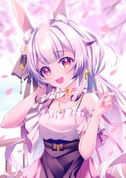 Rule 34 | 1girl, :d, alternate costume, alternate hairstyle, animal ear fluff, animal ears, bag, bare shoulders, belt, blurry, blurry background, blush, bow, breasts, cherry blossoms, collarbone, colored bangs, earrings, falling petals, hair bow, hair ornament, hand up, hands up, highres, jewelry, jinse fu yaojing, lanyin, long hair, looking at viewer, low twintails, off-shoulder shirt, off shoulder, open mouth, petals, portrait, purple hair, rabbit ears, red eyes, shirt, short sleeves, skirt, smile, solo, star (symbol), star earrings, teeth, twintails, upper teeth only, very long hair, virtual dimension project, virtual youtuber, white shirt, xy production