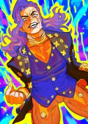 1boy aura blue_vest cowboy_shot dancho_no_mori diamond_wa_kudakenai fangs highres holding holding_plectrum jacket jewelry jojo_no_kimyou_na_bouken lipstick long_hair long_sleeves makeup male_focus neck_ring open_mouth orange_pants orange_undershirt otoishi_akira pants plectrum purple_hair purple_lips scar scar_across_eye scar_on_face sentaronao smile solo sweat vest yellow_eyes