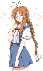 Rule 34 | 1girl, antenna hair, bespectacled, blouse, blue skirt, braid, brown hair, clannad, cowboy shot, closed eyes, floral background, furukawa sanae, glasses, hair ribbon, highres, hikarizaka private high school uniform, long hair, matsuda hikari, neck ribbon, pleated skirt, red ribbon, ribbon, sailor collar, school uniform, shirt, simple background, skirt, smile, solo, suspender skirt, suspenders, twin braids, white background, white sailor collar, white shirt