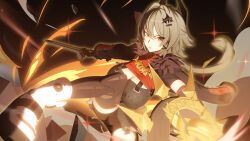1girl absurdres black_horns breasts caesar_king_(zenless_zone_zero) cleavage dress fire gloves grey_hair highres horns large_breasts long_hair looking_at_viewer shield solo sword thighhighs weapon yellow_eyes yuyiosang zenless_zone_zero