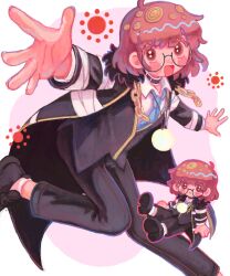 1girl :d ahoge black_choker black_coat black_pants black_shoes black_vest blue_necktie blunt_bangs blush bob_cut borrowed_character brown_eyes brown_hair chain chibi choker coat collared_shirt colored_lineart commission dot_nose feet_out_of_frame foreshortening glasses hair_ornament happy highres knees_together_feet_apart layered_clothes long_sleeves looking_to_the_side multiple_views necktie open_clothes open_coat open_mouth original outstretched_arms pants pink_background round_eyewear second-party_source semi-rimless_eyewear shirt shoes skeb_commission smile socks standing standing_on_one_leg sun_symbol under-rim_eyewear vest white_background white_shirt white_socks wing_collar yellow_trim yyyuzu0629