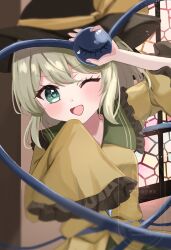 1girl ;d absurdres black_hat blouse blush breasts commentary_request contrast_collar dot_nose frilled_shirt_collar frilled_sleeves frills green_eyes green_hair hat hat_ribbon heart heart-shaped_pupils heart_of_string highres holding_eyeball ikeyan0677 indoors koishi_day komeiji_koishi long_sleeves looking_at_viewer medium_hair one_eye_closed open_mouth ribbon shirt single_sleeve_past_fingers smile solo symbol-shaped_pupils third_eye touhou upper_body watermark wide_sleeves window yellow_ribbon yellow_shirt