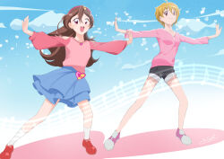 Rule 34 | 2girls, black shorts, blonde hair, blue skirt, blush, brown hair, closed mouth, clothing cutout, cloud, commentary request, earrings, fortissimo, fresh precure!, hair ornament, hairband, highres, jewelry, kimi to idol precure, long hair, long sleeves, momozono love, multiple girls, musical note, musical note hair ornament, open mouth, pink hairband, pink shirt, precure, que415, red eyes, red footwear, red shirt, sakura uta (precure), shirt, shoes, short hair, shorts, shoulder cutout, signature, skirt, sky, socks, sweatdrop, two-tone footwear, white socks