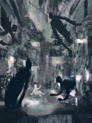 1girl 4others crawling dkaism dress faceless full_body grey_dress grey_hair greyscale hand_up limited_palette monochrome multiple_others on_ground original outstretched_arm painterly reflective_floor short_hair silhouette sitting