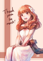 1girl absurdres celica_(fire_emblem) celica_(valentine)_(fire_emblem) dress fire_emblem fire_emblem_echoes:_shadows_of_valentia fire_emblem_heroes flower hair_flower hair_ornament highres jewelry long_hair necklace nintendo official_alternate_costume princess red_eyes red_hair sitting smile solo tarayuki white_dress