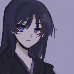 1boy alternate_costume alternate_hair_length alternate_hairstyle black_hair black_kimono blunt_ends closed_mouth expressionless eyeliner eyeshadow genshin_impact japanese_clothes juban kimono long_hair looking_at_viewer makeup male_focus portrait purple_background purple_eyes purple_kimono purple_pupils red_eyeliner red_eyeshadow scaramouche_(genshin_impact) sgm618 sketch solo wispy_bangs
