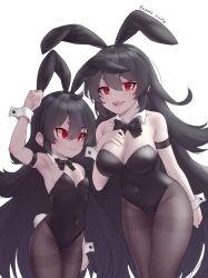 Rule 34 | 2girls, absurdres, animal ears, arm strap, artist name, black bow, black bowtie, black hair, black leotard, bow, bowtie, breasts, cleavage, covered navel, dated, detached collar, fake animal ears, fangs, hair between eyes, highleg, highleg leotard, highres, illya (princess connect!), illya (small) (princess connect!), leotard, long hair, multiple girls, pantyhose, playboy bunny, princess connect!, rabbit ears, rabbit tail, red eyes, ruinone, simple background, small breasts, strapless, strapless leotard, tail, teeth, upper teeth only, vampire, white background, white wrist cuffs, wrist cuffs