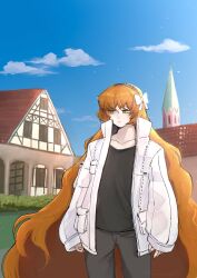 1girl black_pants black_shirt blue_sky bow brown_hairband collared_shirt day european_architecture hair_bow hairband highres house ishmael_(project_moon) jacket limbus_company long_hair orange_hair outdoors pants project_moon rope shirt sidelocks sky solo tower town very_long_hair white_bow white_jacket window yatsumeunagi zwei_association_south_uniform