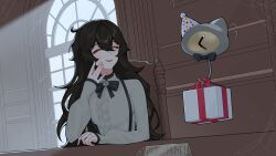 1930s_fashion black_bow black_bowtie black_hair blouse bow bowtie box breasts chair closed_eyes double-parted_bangs gift gift_box grimmi_(vtuber) happy_birthday hat highres indoors long_hair messy_hair name_tag pale_skin party_hat ser_(xnrzev) shirt silk sitting skelter_(grimmivt) small_breasts smile spider_web suspenders table upper_body window wooden_chair wooden_table wooden_wall