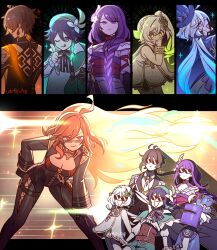 2boys 4girls aqua_hair artastiq black_bodysuit blonde_hair blue_eyes blue_hair bodysuit braid breasts brown_hair cleavage closed_mouth cowboy_shot furina_(genshin_impact) genshin_impact glowing glowing_hair green_shorts highres index_finger_raised kill_la_kill long_hair looking_at_viewer low_ponytail low_twintails mavuika_(genshin_impact) multicolored_hair multiple_boys multiple_girls nahida_(genshin_impact) orange_hair ponytail purple_eyes purple_hair raiden_shogun red_eyes red_hair shorts smile streaked_hair twintails venti_(genshin_impact) very_long_hair welding_mask zhongli_(genshin_impact)
