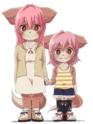 2girls copyright_request dagasi dog dress female_focus full_body furry furry_female highres long_hair momo-chan_(dagasi) multiple_girls pink_hair red_eyes short_hair siblings simple_background sisters white_background