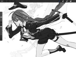 1girl adjusting_eyewear ahoge akafuyu_(arknights) akafuyu_(temperament)_(arknights) arknights art_program_in_frame breasts collared_shirt falling_petals from_side glasses greyscale hair_ornament hairpin hand_on_eyewear hat highres holding holding_sword holding_weapon jacket katana kumatangent leg_up long_sleeves looking_ahead medium_breasts mole mole_under_mouth monochrome multicolored_hair necktie official_alternate_costume open_clothes open_jacket parted_lips peaked_cap petals procreate_(medium) procreate_(software) profile rectangular_eyewear running semi-rimless_eyewear sheath shirt shoes short_shorts shorts socks solo streaked_hair sword thigh_strap under-rim_eyewear unsheathed unworn_hat unworn_headwear weapon white_background wing_collar
