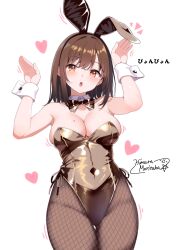 1girl absurdres animal_ear_hairband animal_ears artist_name black_pantyhose bow bowtie breasts brown_eyes brown_hair cleavage commentary_request covered_navel cowboy_shot detached_collar fake_animal_ears fishnet_pantyhose fishnets gluteal_fold gold_bowtie gold_leotard hairband highres himura_moritaka large_breasts leotard looking_at_viewer medium_breasts mole mole_on_breast open_mouth original pantyhose playboy_bunny rabbit_ears rabbit_pose side-tie_leotard solo strapless strapless_leotard thigh_gap wrist_cuffs