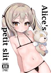 1girl armpit_crease bikini black_bikini breasts collarbone english_text frown girls_und_panzer loli micro_bikini monomono navel nipples small_breasts solo stomach stuffed_animal stuffed_toy swimsuit teddy_bear two_side_up