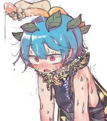 1girl absurdres antenna_grab antennae black_dress blue_hair butterfly_girl disembodied_hand dress eternity_larva hair_ornament highres leaf_hair_ornament piaki red_eyes short_hair simple_background solo_focus sweat touhou white_background