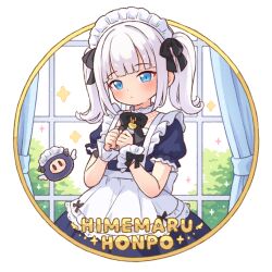 1girl apron black_bow black_bowtie blue_dress blue_eyes bow bowtie closed_mouth commentary_request dress hair_bow looking_at_viewer maid maid_headdress medium_hair onyhakase original puffy_short_sleeves puffy_sleeves short_sleeves sidelocks solo twintails white_apron white_hair white_wrist_cuffs wrist_cuffs