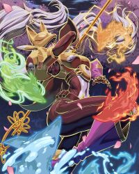 1girl armor black_bodysuit bodysuit breasts cherry_blossoms digimon digimon_(creature) fox_mask gold_armor grey_hair highres holding holding_staff long_hair mask medium_breasts pink_petals purple_lips sakuyamon spirit staff uchiha_jake very_long_hair