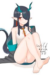 1girl arknights bare_legs bare_shoulders barefoot black_hair blue_hair closed_mouth collared_dress commentary contrast_collar dragon_girl dragon_horns dragon_tail dress dusk_(arknights) earrings full_body hair_over_one_eye highres horns jewelry knees_up light_smile long_hair looking_at_viewer multicolored_hair off_shoulder one_eye_covered orange_eyes panties pointy_ears short_dress sidelocks sitting soles solo streaked_hair tail toes underwear white_dress white_panties wild_duck_tw